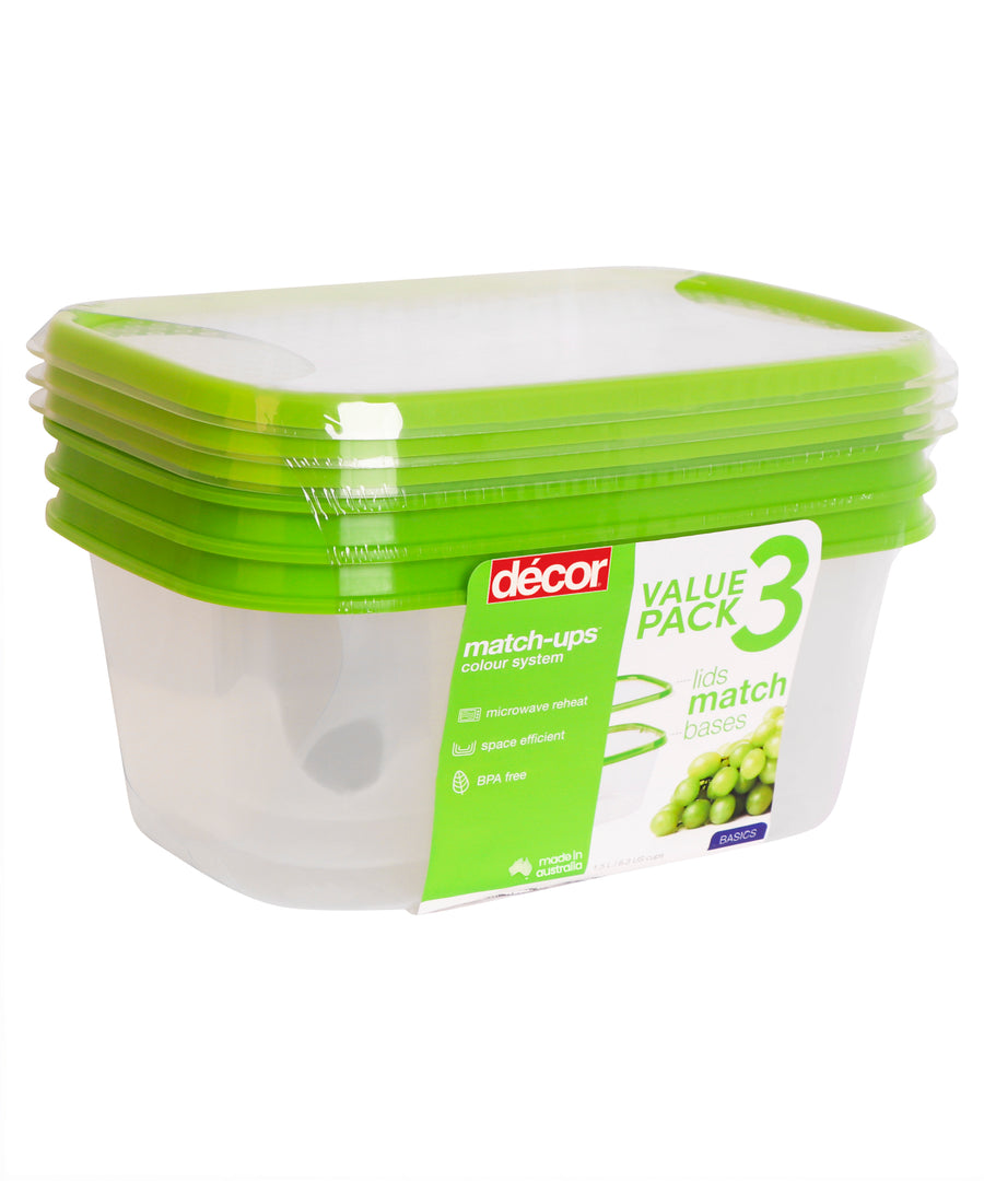 Basics Food Container Oblong, Green, 1.5L, 3pk