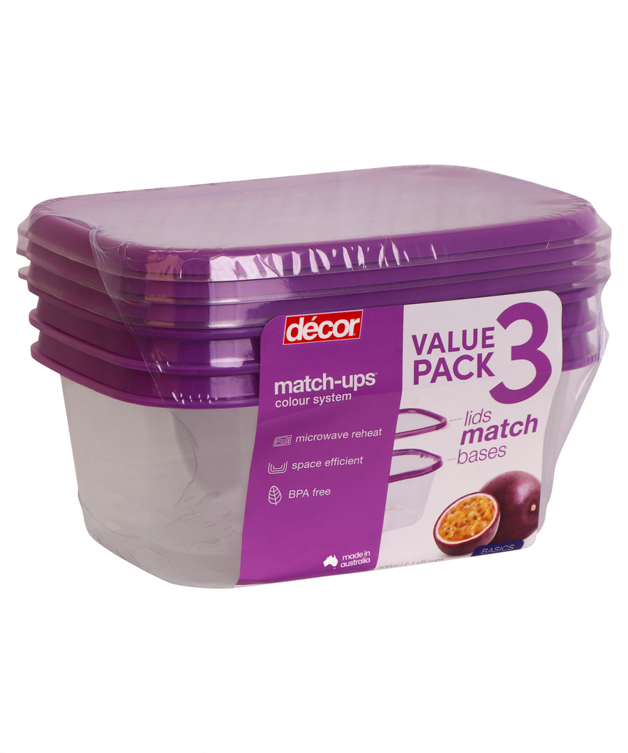 Basics Food Container Oblong, Purple, 500ml, 3pk