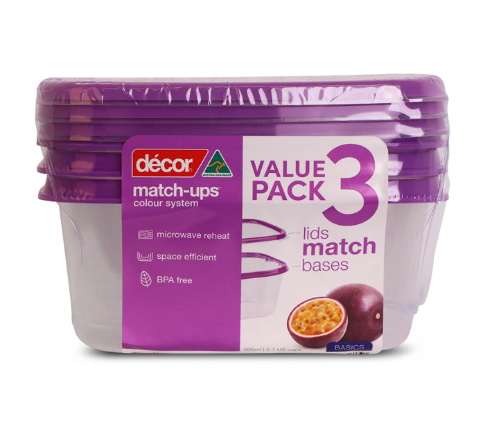 Basics Food Container Oblong, Purple, 500ml, 3pk