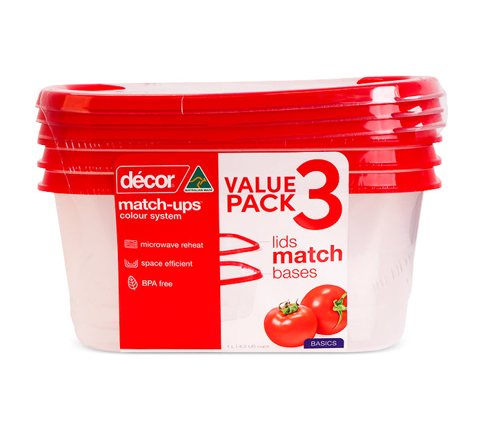 Basics Food Container Oblong, Red, 1L, 3pk