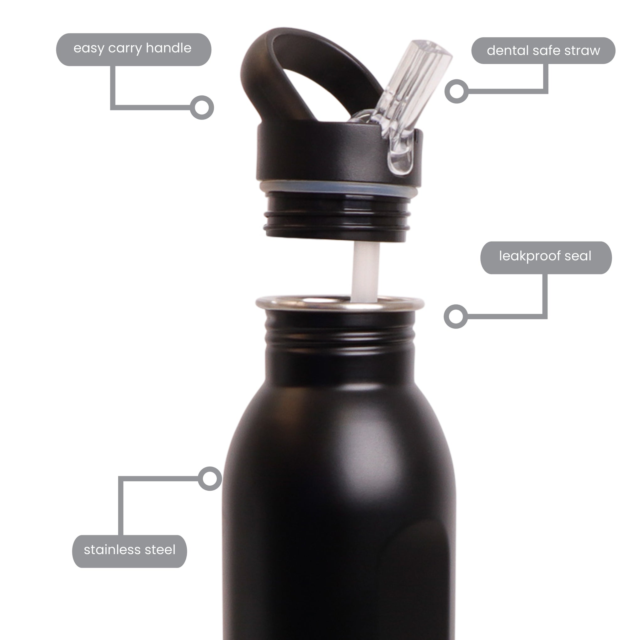 Snap n Seal Stainless Steel Bottle, Black, 500ml