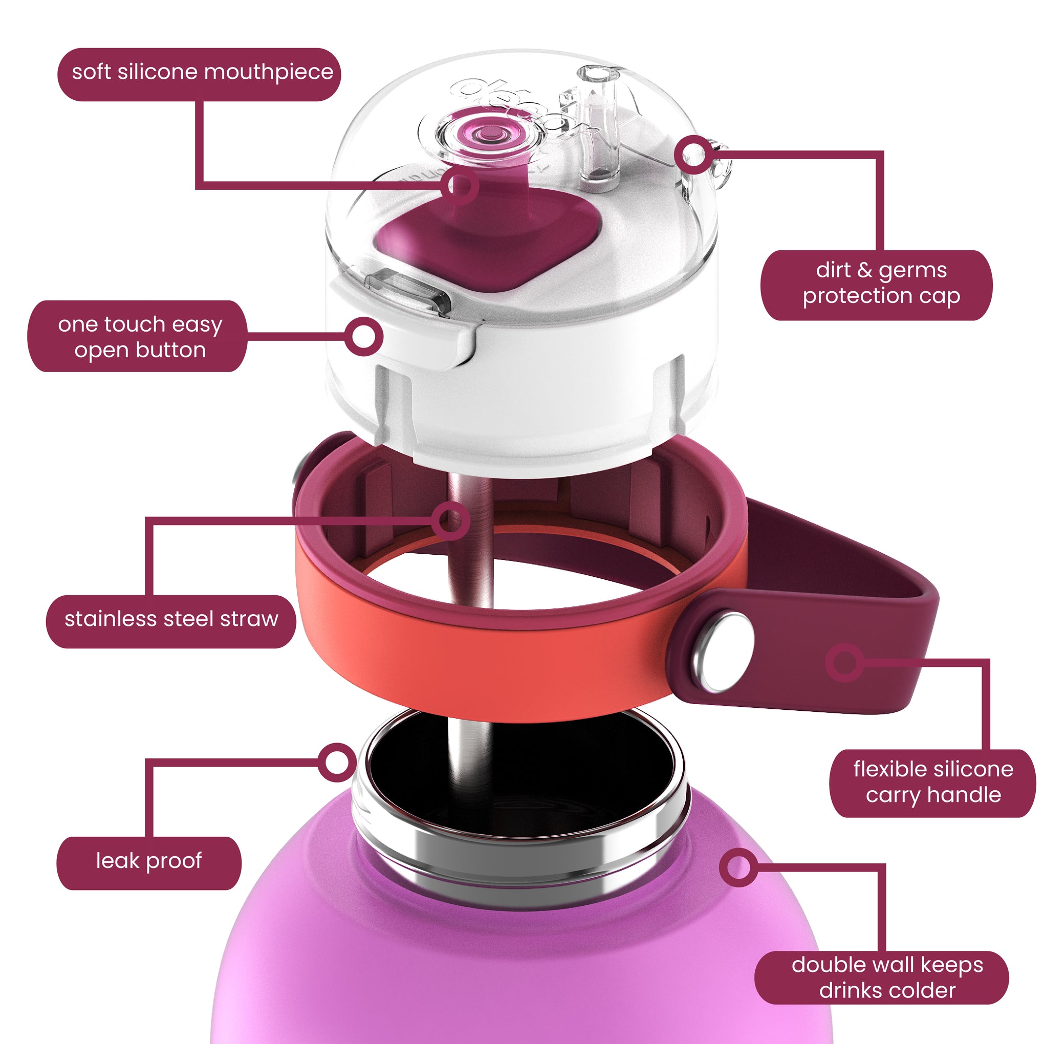 Insulated Stainless Steel Bottle with Deluxe Straw and Flexi Handle, 1.5L | Candy Pink