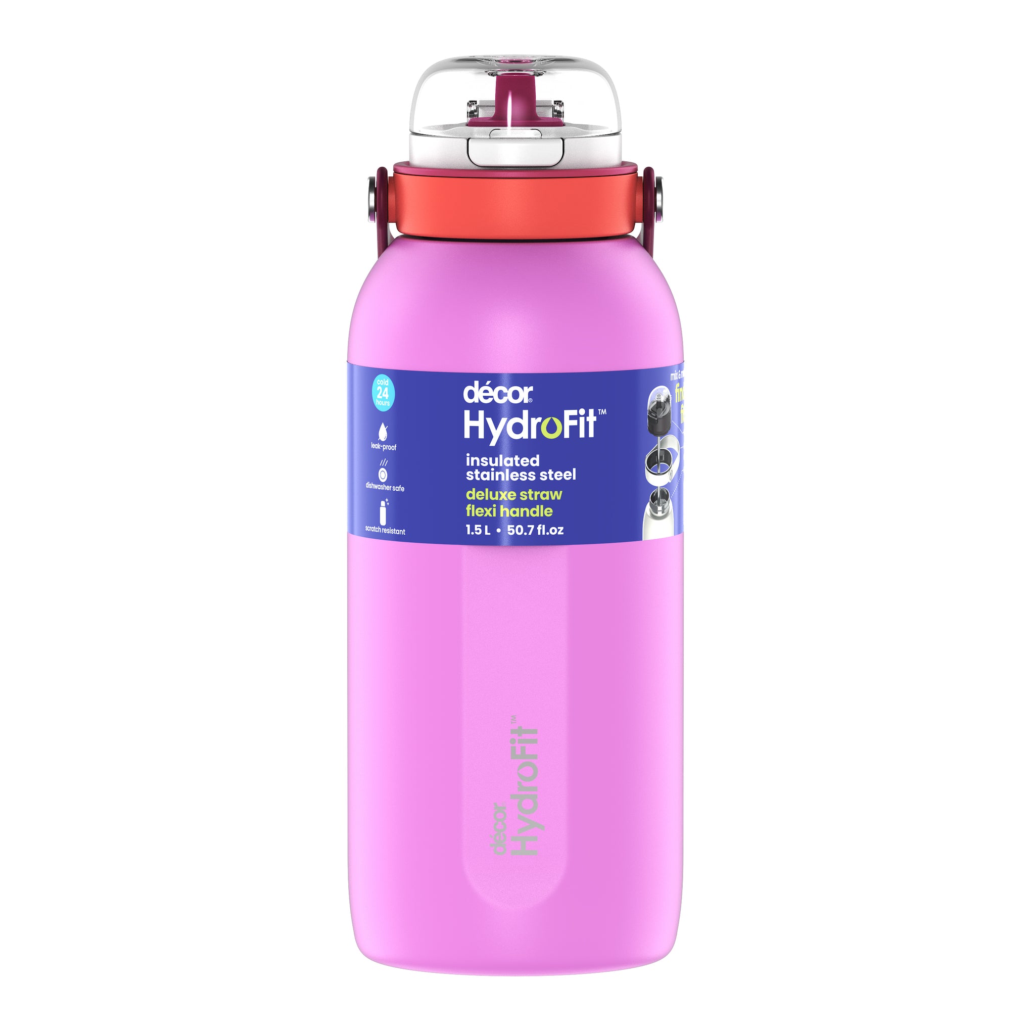 Insulated Stainless Steel Bottle with Deluxe Straw and Flexi Handle, 1.5L | Candy Pink