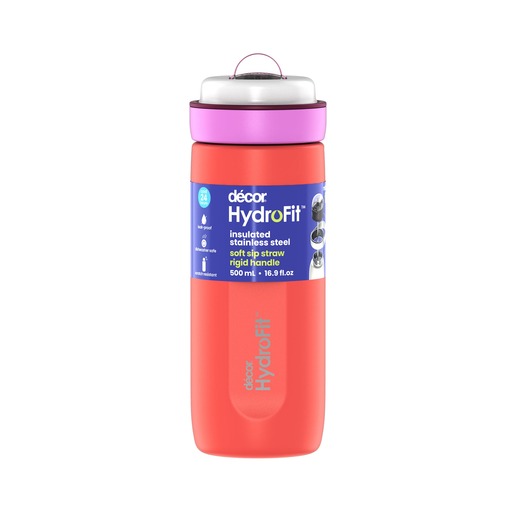 Soft Sip Insulated Stainless Steel Bottle with Rigid Handle, 500mL | Orange